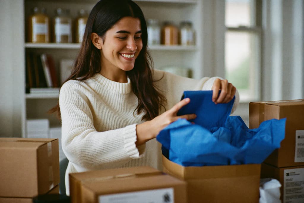 An online shop owner checks her phone beside a stack of blue parcels.