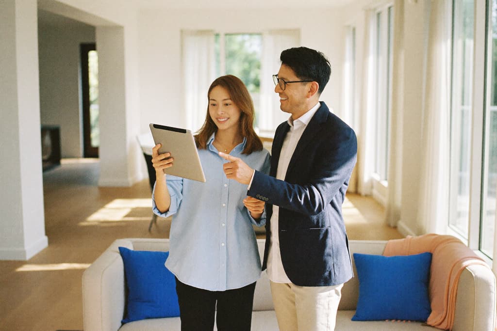 An estate agent shows a couple a property on a tablet in a bright living room.
